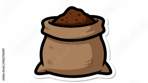 A cartoon style illustration of a burlap sack full of dark brown granular material, possibly coffee or dirt