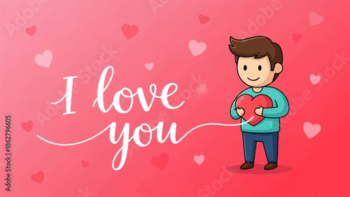 A cartoon boy holds a heart against a pink background with scattered hearts and "I love you" text
