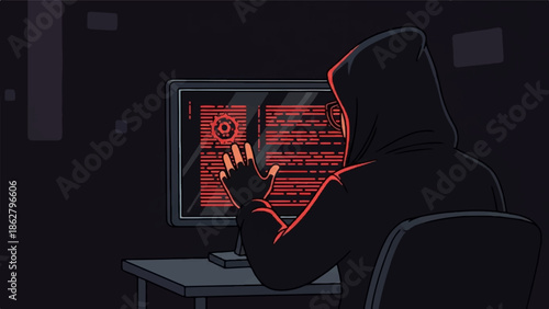 A cloaked figure in a dark room interacts with a glowing red screen showing data and code, cybersecurity theme