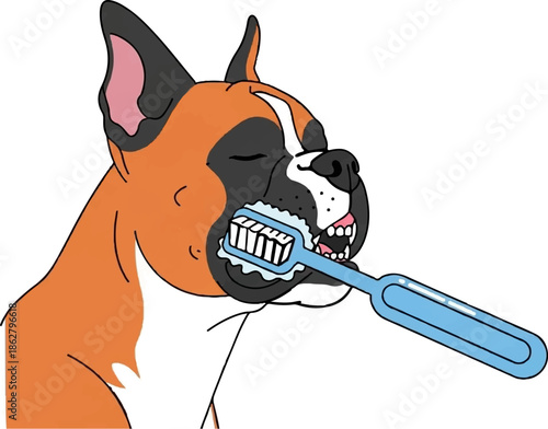 A cartoon Boxer dog with closed eyes happily gets its teeth brushed by a blue toothbrush, showing good hygiene