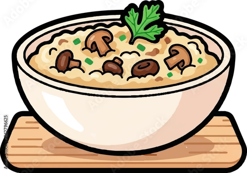 A cartoon bowl of creamy mushroom risotto, garnished with fresh parsley, served on a wooden board