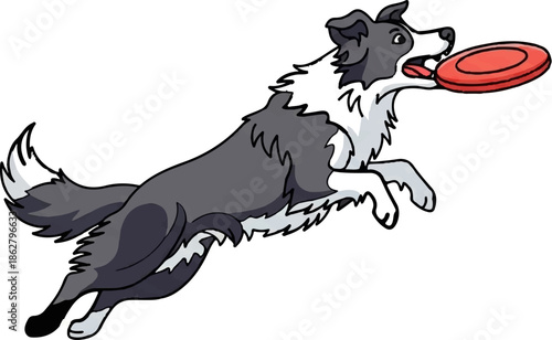 A cartoon border collie leaps to catch a red frisbee in mid-air