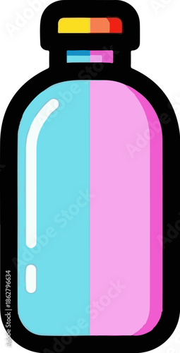A cartoon bottle with a black outline, divided into blue and pink halves
