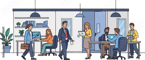 A diverse group of cartoon professionals working and interacting in a modern, organized office environment