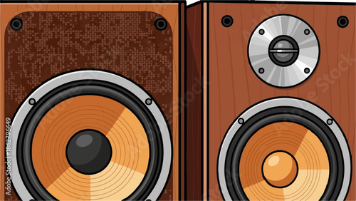 A close-up, cartoon-style illustration of two vintage wooden stereo speakers with prominent orange cones
