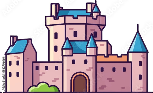 A charming, cartoonish illustration of a majestic medieval castle with multiple towers and a grand archway