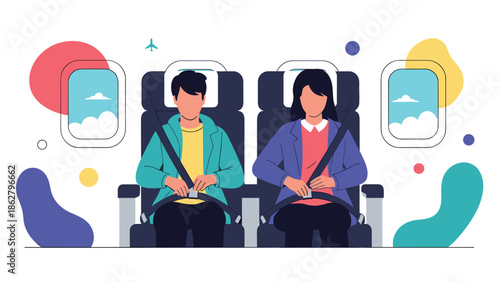 Man and woman sitting in airplane seats and fastening their seat belts for safety during the flight, seen through windows.