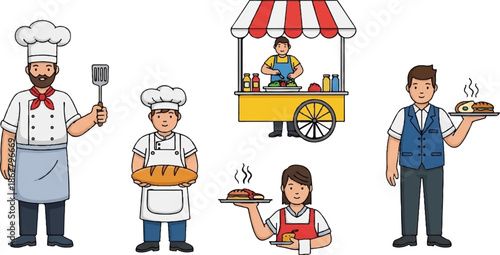 A diverse group of food service professionals, including chefs, a street vendor, and a waiter