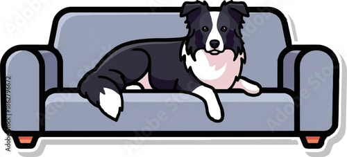 A charming cartoon-style black and white dog, resembling a Border Collie, relaxed on a comfy grey couch
