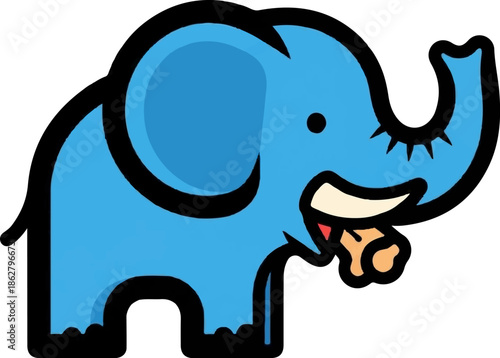 A cartoon blue elephant with large ears and tusks is eating something