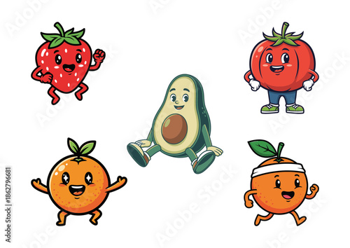 Five cute cartoon fruits and vegetables with happy faces, including a strawberry, tomato, avocado, and two oranges, posing and running.