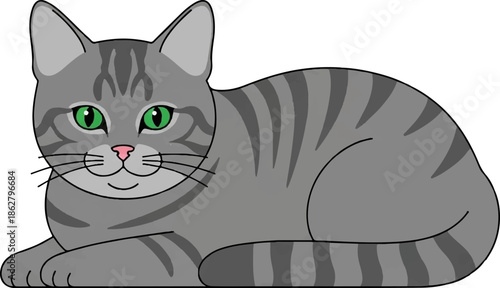 A gray tabby cat with bright green eyes and pink nose reclines peacefully
