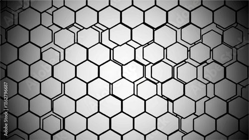 A grayscale abstract background featuring a dense, overlapping pattern of hexagons with a radial gradient