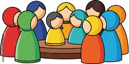 A diverse group of people gathered in a circle around a round table