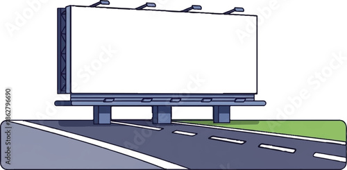 A cartoon style roadside billboard with a blank white display, standing by a dark grey highway
