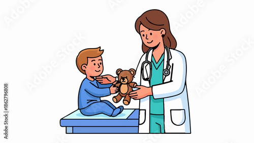 A doctor in a white coat examines a young child holding a teddy bear