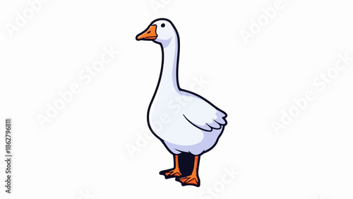 A cartoon white goose stands on orange webbed feet, its beak pointed left