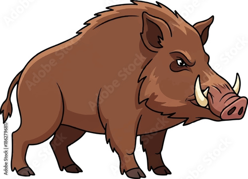 A cartoon wild boar illustration with prominent tusks and a determined expression, standing on white