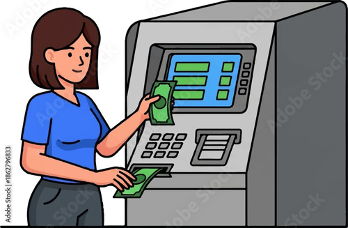 A cartoon woman in a blue shirt is actively withdrawing green money bills from an automatic teller machine