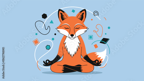 Calm red fox character practicing mindfulness and meditating in a yoga lotus pose with closed eyes and abstract shapes.
