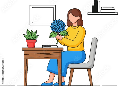 A cartoon woman sits at a desk holding a blue hydrangea, with a potted plant and books nearby