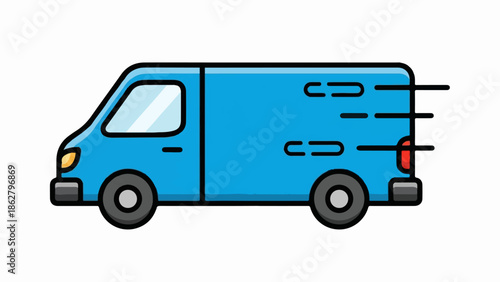 A cartoon blue delivery van with motion lines on a white background, symbolizing fast transport or shipping