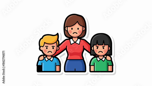 A cartoon woman with two unhappy children, a boy and a girl, standing together looking distressed