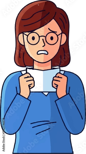 A cartoon woman with glasses and brown hair, wearing a blue shirt, looks distressed while holding a piece of paper