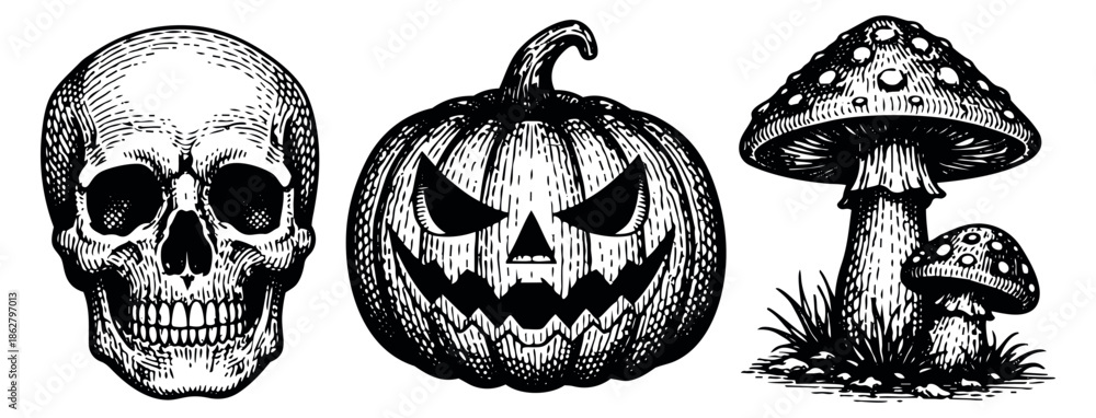 Fototapeta premium Vintage hand drawn line art set featuring a skull, jack-o'-lantern, and mushrooms for Halloween