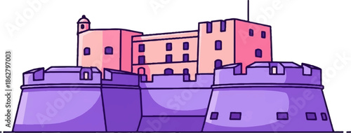 A cartoonish drawing of a castle with purple walls and pink towers