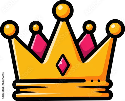 A cartoonish golden crown with pink jewels and a thick black outline on a white background