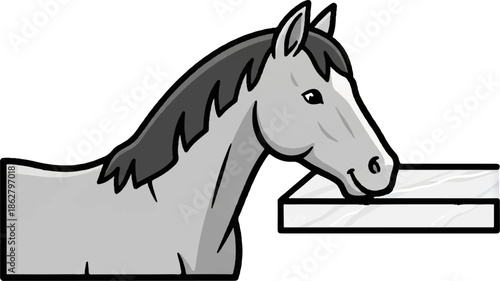 A cartoonish horse with gray fur and a black mane drinks from a white trough