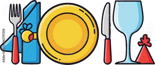 A cartoonish illustration depicts a festive table setting with a fork, napkin, plate, knife, wine glass, and party hat