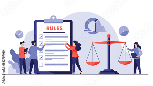 Business people creating and reviewing a list of rules on a clipboard next to a large scale of justice representing compliance.