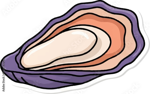 A cartoonish illustration of an open oyster, revealing its pearly interior within a purple shell