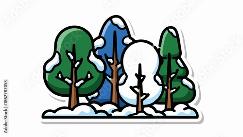 A cartoonish illustration of various trees covered in snow, set against a winter landscape