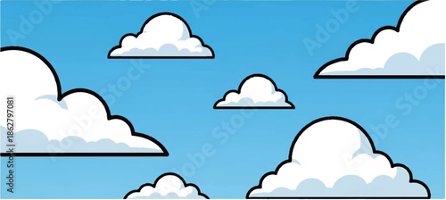 A cartoonish illustration of various white fluffy clouds outlined in black against a bright blue sky