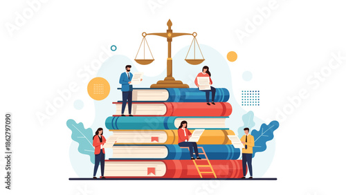 Tiny people studying law and legal documents while sitting on a giant stack of books with scales of justice on top.