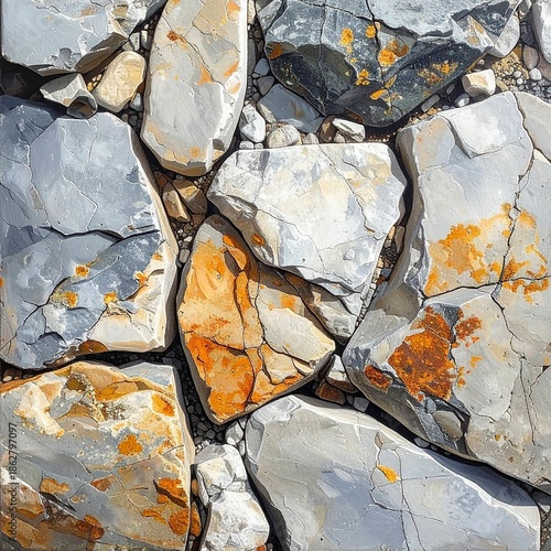 Close up view of weathered rocks with various colors and textures details