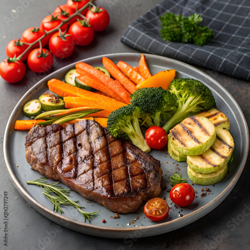 promot Grilled Perfection: Juicy Steak Paired with Vibrant Roasted Vegetables on my backround