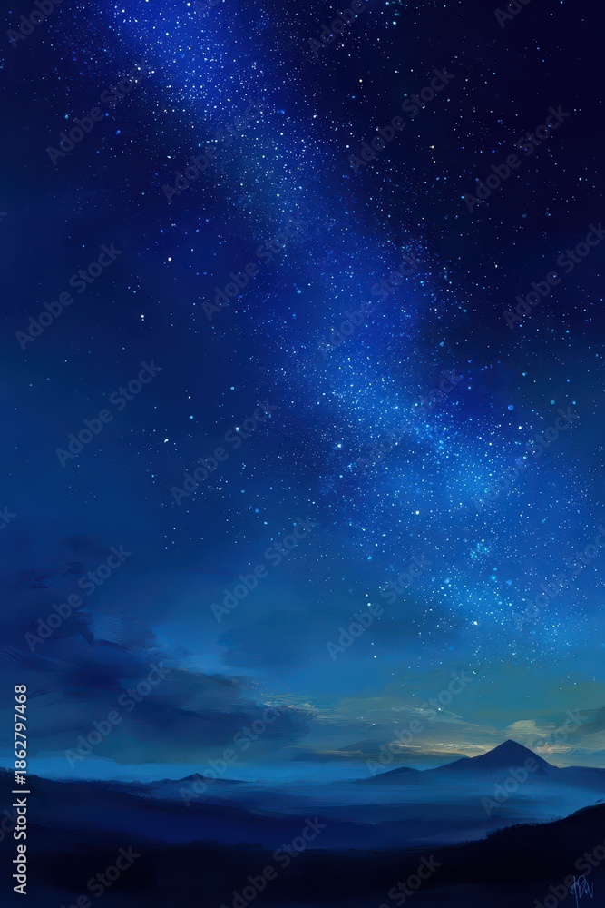 Fototapeta premium Abstract blue starry heavens: gradient sky, luminous stars, subtle cloud wisps, serene nocturne mood