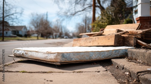Wallpaper Mural Abandoned mattress, box spring, and wooden bed frame by a curb on a residential street awaiting pickup Torontodigital.ca