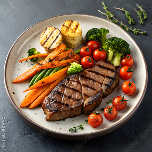 promot Savor the Flavor: Perfectly Grilled Steak & Roasted Garden Harvest. on my backround
