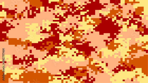 Red and yellow pixelated digital camouflage background pattern.