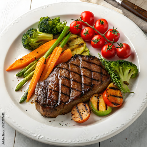 promot Savor the Flavor: Juicy Steak with Colorful Harvest on my backround