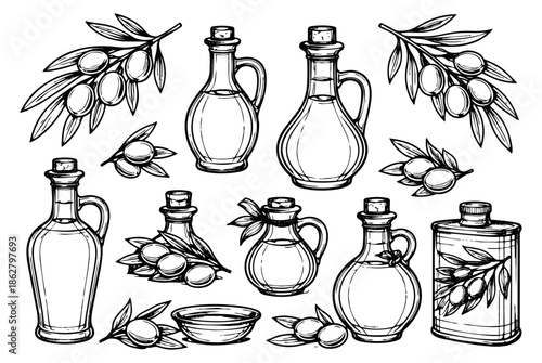 Hand drawn line art olive oil set featuring bottles, branches, and a bowl for culinary design
