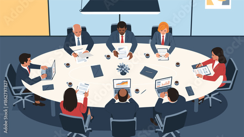 High-angle view of a diverse group of business executives sitting around an oval conference table during a board meeting.
