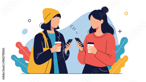 Two young women standing together, each looking at their smartphone and holding a coffee cup, representing modern social life.