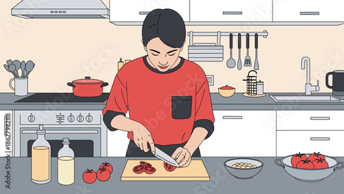 Young woman in a modern kitchen chopping fresh tomatoes on a wooden cutting board to prepare a healthy meal at home.