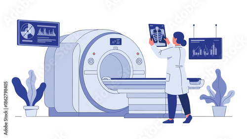 Female doctor or radiologist in a lab coat analyzing a patient's x-ray next to a large MRI scanner in a hospital.